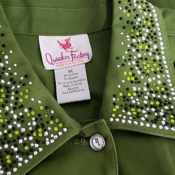 Quacker Factory  Olive Green Jeweled Bedazzled Cotton Jacket  Women's Size M - Picture 3 of 3